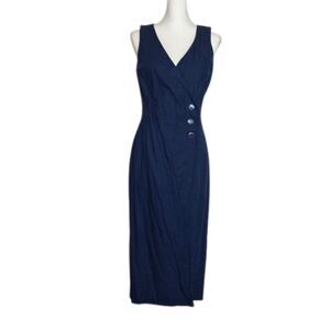 Vintage Linen Maxi Wrap Dress Womens 9/10 Sleeveless Boho Cottage Prairie Blue